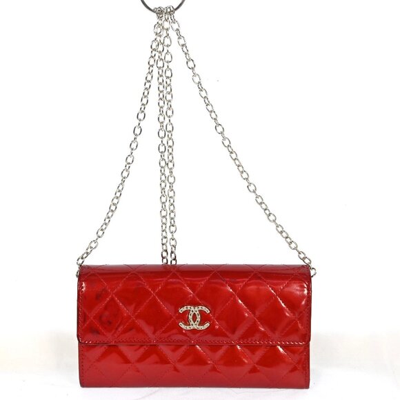 AUTHENTIC CHANEL Wallet Coco Mark Purse Patent Leather Red bsj358-121125